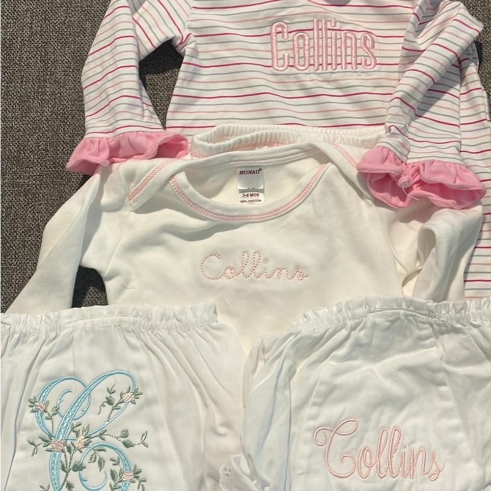 Collins baby girl monogram bundle romper size 12m, diaper covers 9mo, nb gown 3m